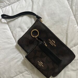 Coach Brown Signature Double Pouch Wristlet with Gold Accents